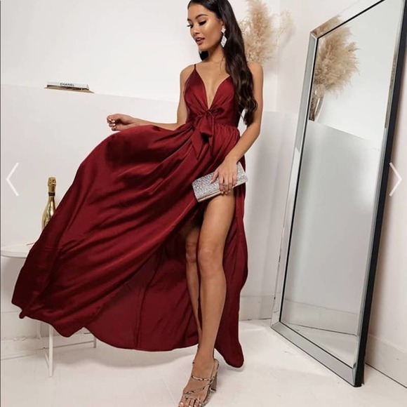 Showpo Miracle Worker Burgundy Satin Maxi Dress - Picture 1 of 8